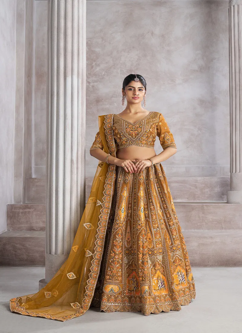 Kf 32 Mustard Banarasi Silk Patch Work Semi Bridal Lehenga Choli Wholesale Clothing Suppliers In India